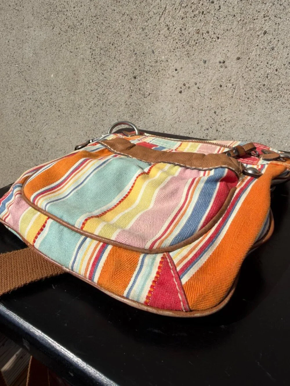 FOSSIL COLORFUL STRIPED CANVAS CROSSBODY SHOULDER BAG PURSE LEATHER TRIM